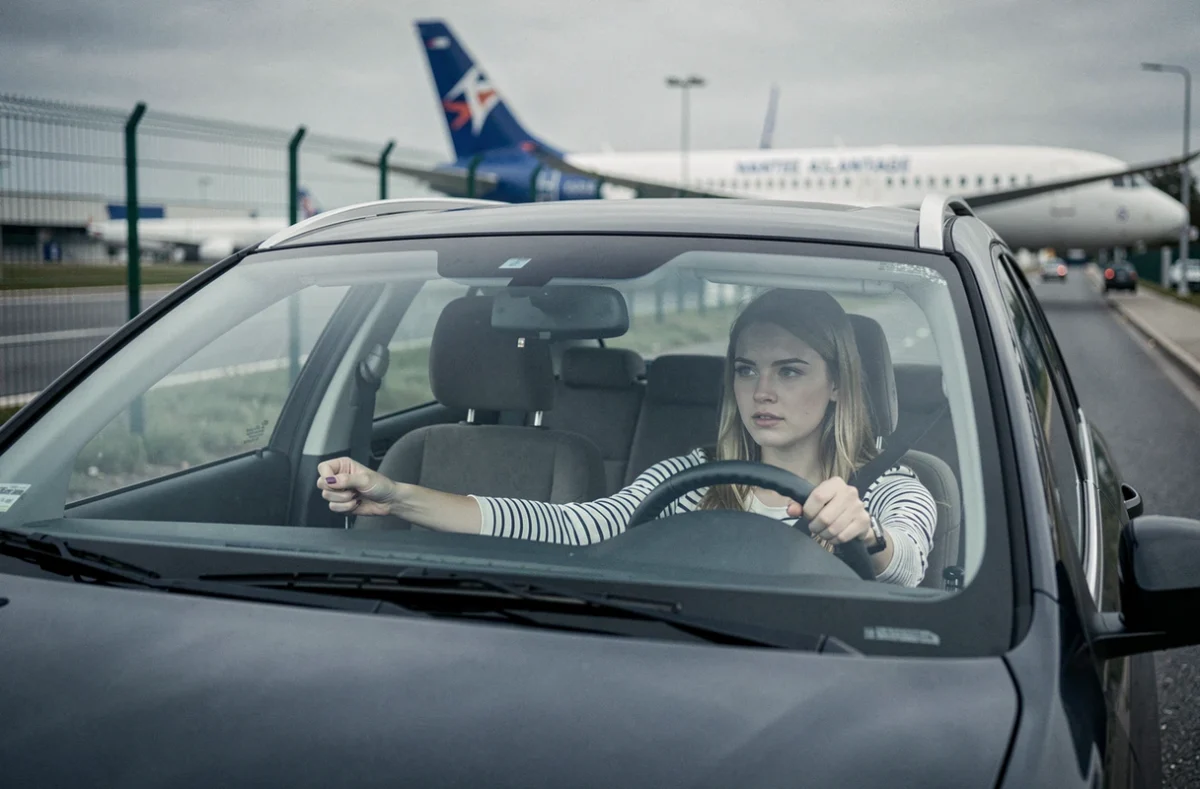Élève de Goud Conduite effectuant un carrefour giratoire à Bouguenais avec l'aéroport de Nantes en arrière-plan