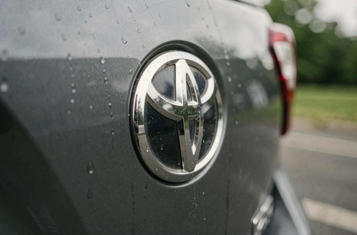 Gros plan du badge Toyota emblématique sur le hayon arrière d'un SUV gris foncé avec textures métalliques réalistes