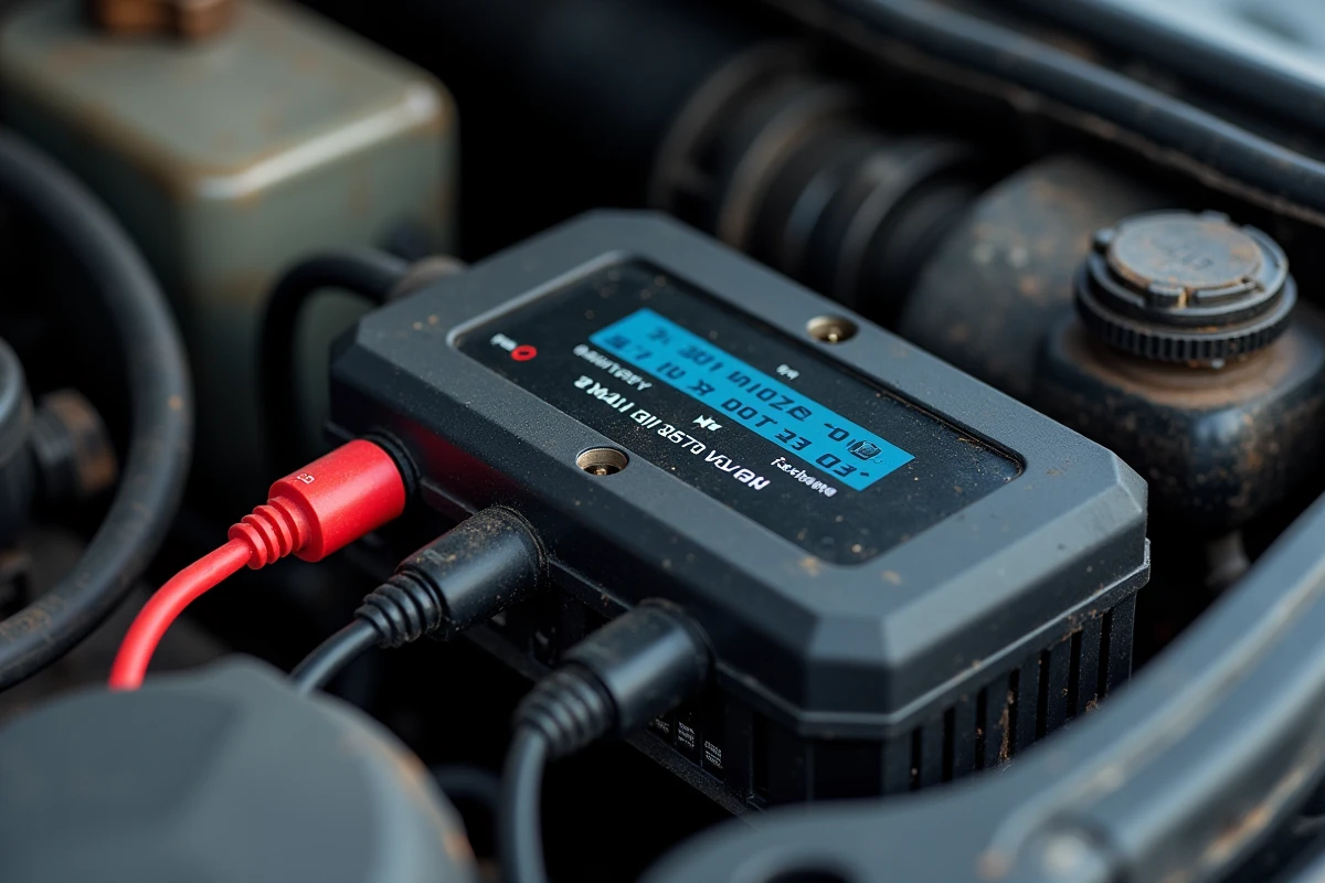 Gros plan sur un chargeur de batterie intelligent connecté aux bornes d'une batterie de voiture