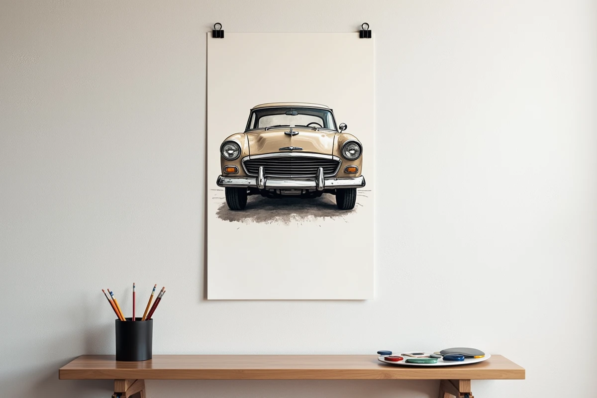 Gros plan d'un poster grand format de voiture rétro en dessin aquarelle et encre noire accroché sur un mur en plâtre blanc avec étagère décorative