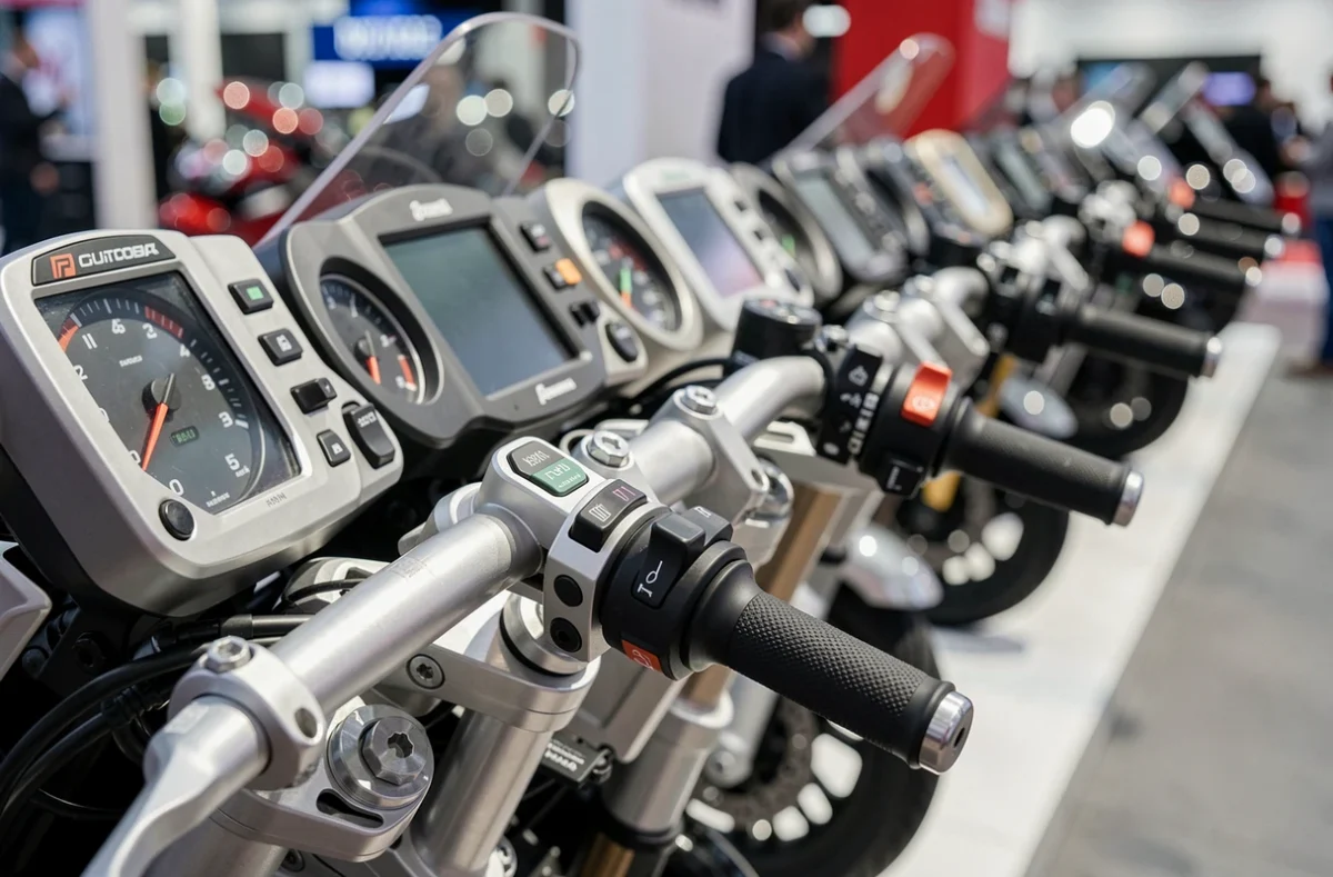Gros plan sur les guidons et tableaux de bord de plusieurs motos exposées au salon de Milan 2026
