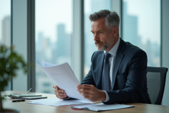 Homme d'affaires en costume examine des documents d'assurance