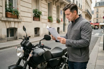 Homme consultant un contrat d'assurance 125cc avec permis B à côté de sa moto en ville