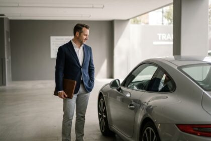 Homme en blazer marine consultant des documents d'assurance devant une Porsche 911 argentée dans un garage premium