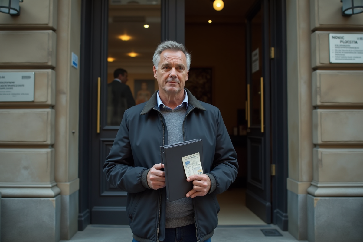 Homme attendant devant un bâtiment administratif urbain
