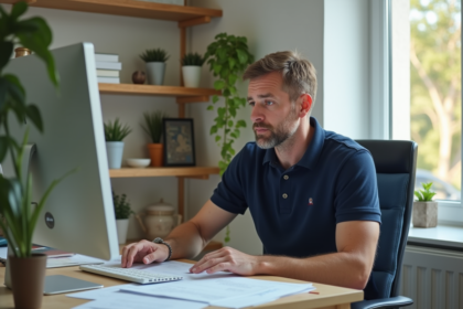 Homme d'âge moyen au bureau en train de revoir des papiers