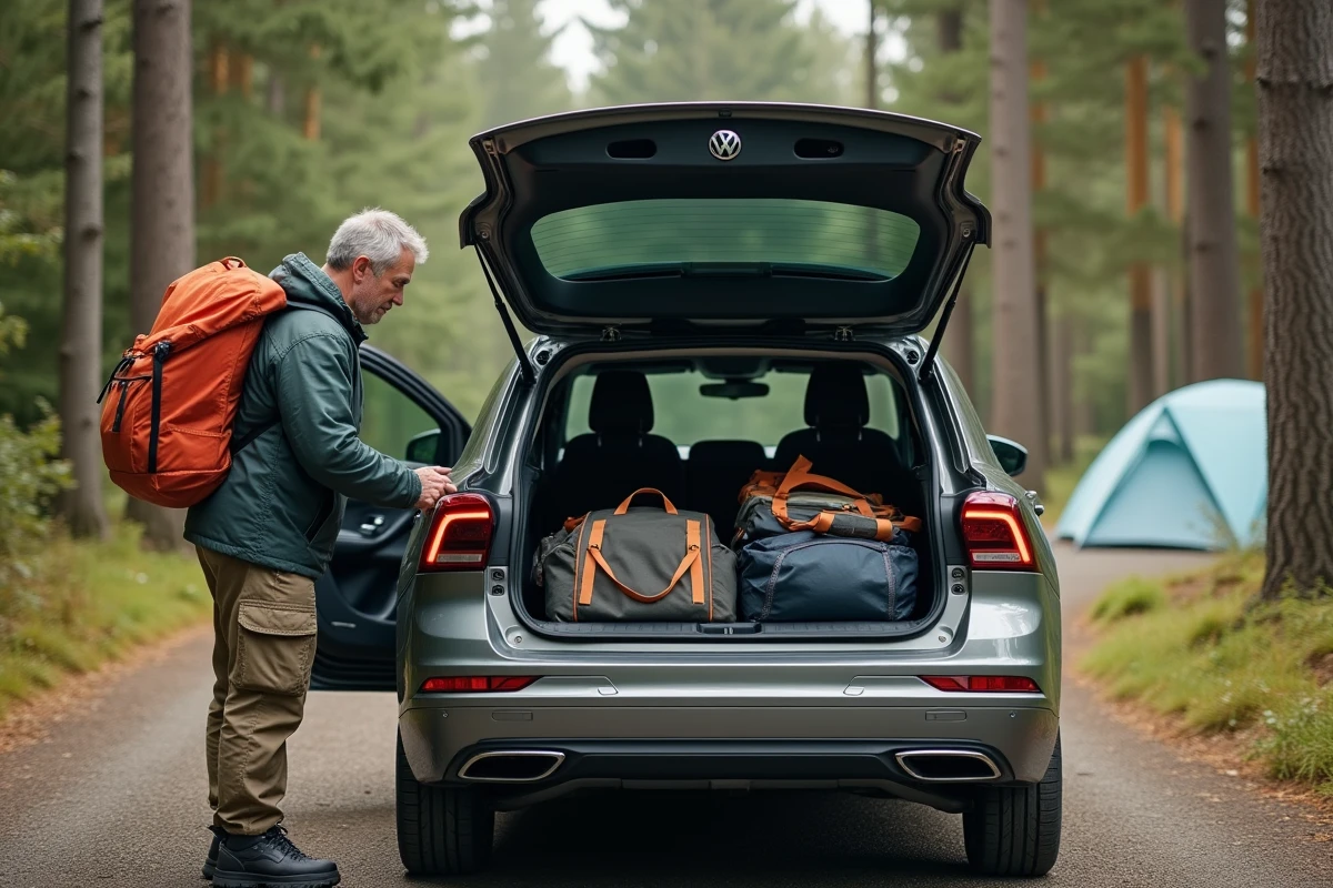 Homme déchargeant du matériel de camping dans une voiture