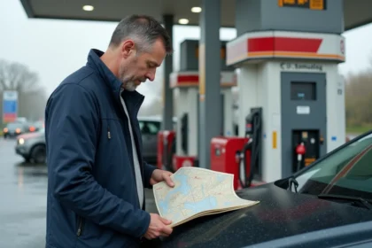 Homme vérifiant une carte à la station essence pour son voyage