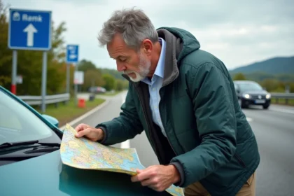 Homme d'âge moyen examinant une carte de France sur le capot