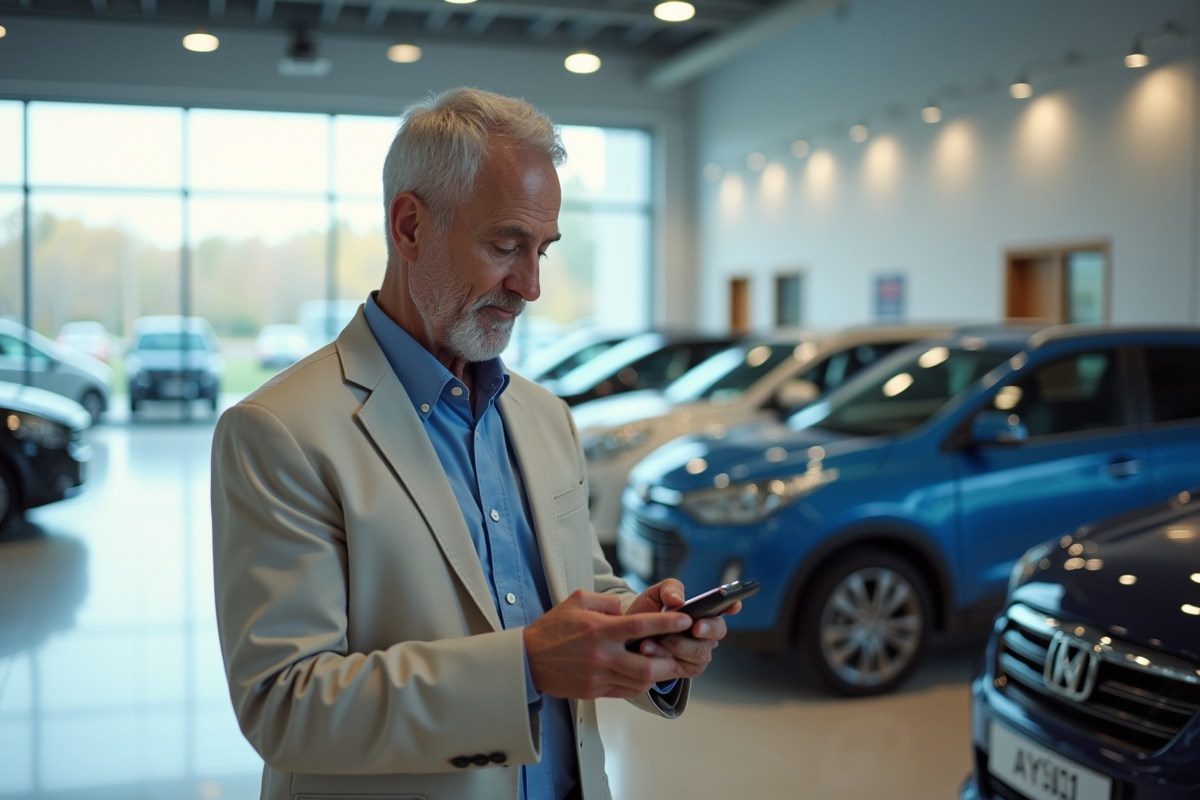 Homme d age comparant devis d assurance dans un showroom