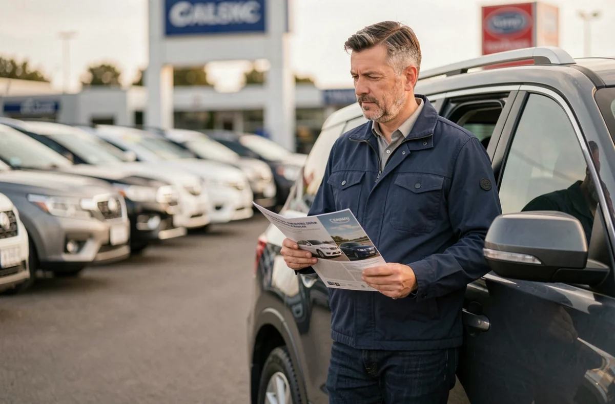 Homme adulte examinant un grand SUV dans une concession Toyota, tenant une brochure avec une expression réfléchie