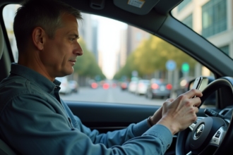 Homme d'âge moyen au volant regardant son smartphone en ville