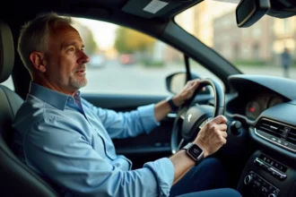 Homme confiant dans une Peugeot moderne en intérieur
