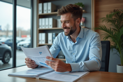 Homme souriant examinant brochures d'assurance auto en concession