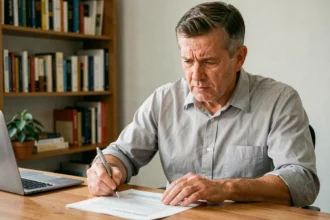 Homme examinant un document d'assurance auto avec une expression préoccupée, illustrant la hausse de franchise
