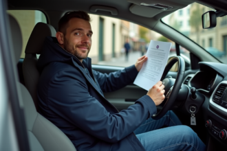 Homme dans sa voiture à Paris tenant un document officiel