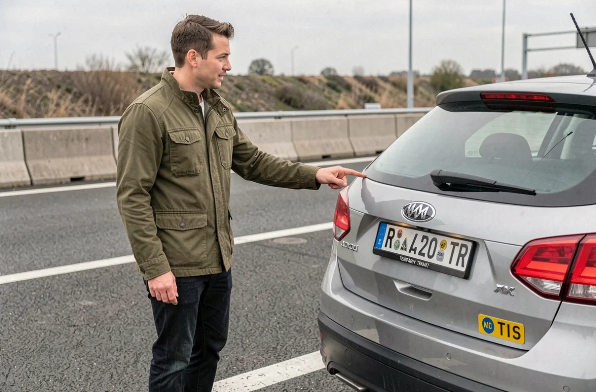 Homme expliquant une plaque d'immatriculation TR sur une voiture étrangère dans une aire de repos en France