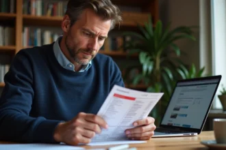 Homme français lisant une amende de la DGT espagnole à son bureau à domicile