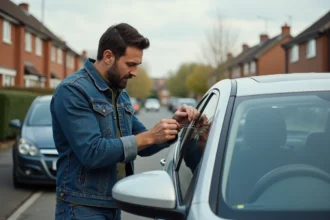 Homme en denim insérant un fil dans une voiture moderne