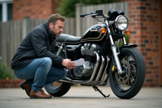 Homme vérifiant le moteur d'une Kawasaki KZ400J à l'extérieur