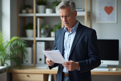 Homme en blazer lisant certificat de voiture dans un bureau