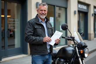 Homme souriant avec licence moto française devant une école de conduite