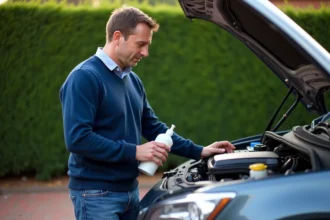 Homme avec nettoyant injecteur voiture devant le capot