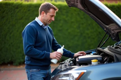 Homme avec nettoyant injecteur voiture devant le capot