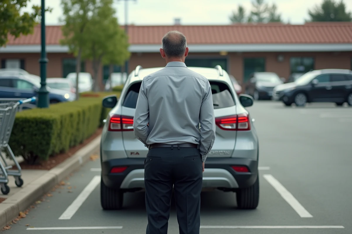 Homme manœuvrant SUV dans parking de supermarche