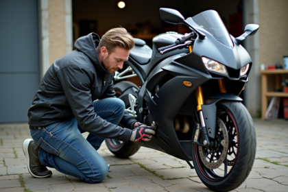 Homme en blouson moto et jeans ajustant une moto en atelier