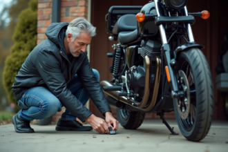 Homme en veste moto cache un traceur sous la selle
