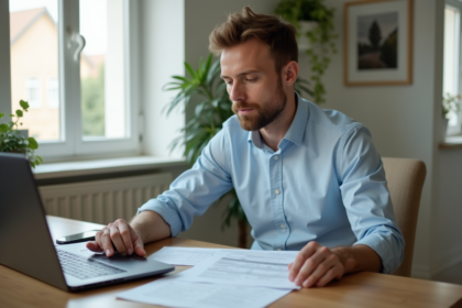 Homme en tenue décontractée travaillant à domicile avec papiers auto