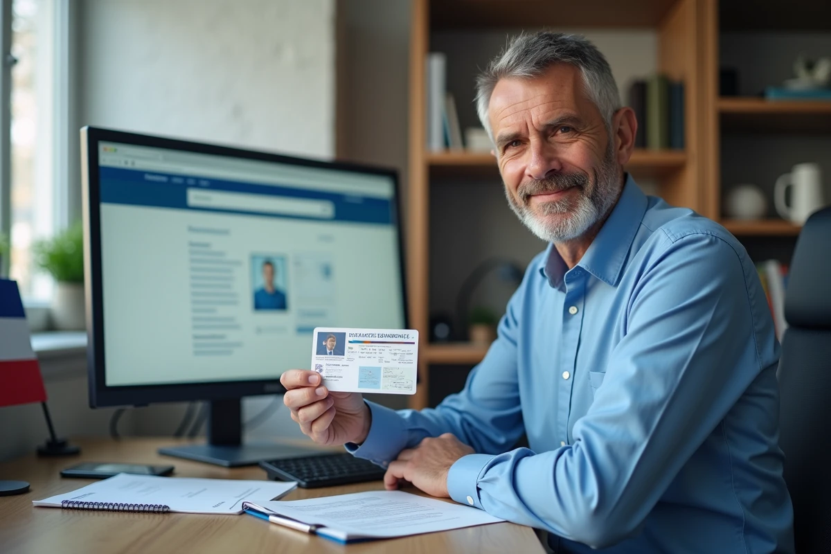 Homme avec permis de conduire français dans un bureau professionnel