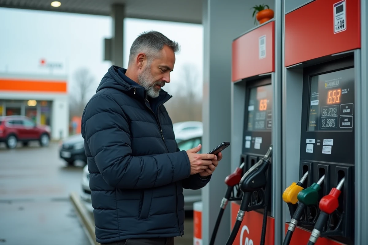 Homme à la pompe à essence consultant une application de calcul de coût de carburant