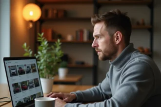 Un homme parcourant une liste de voitures d'occasion sur un site comme Pifauto depuis son bureau à domicile