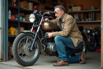 Homme d'âge moyen vérifiant le réservoir d'une vieille moto dans un garage
