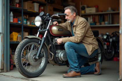Homme d'âge moyen vérifiant le réservoir d'une vieille moto dans un garage