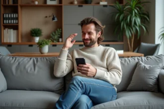 Homme détendu sur canapé scandinave avec smartphone