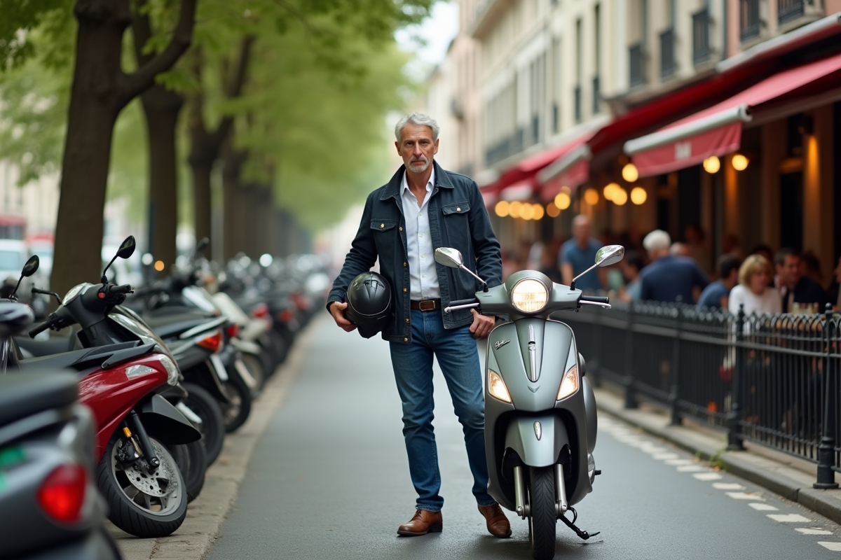 Homme d age moyen garé son scooter devant un café