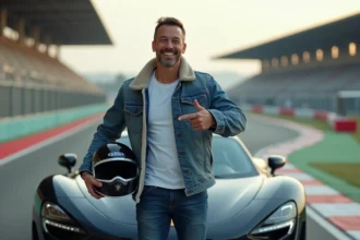 Homme souriant avec voiture de course sur circuit