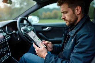 Homme utilisant une tablette dans sa voiture pour le guidelec