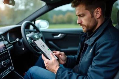 Homme utilisant une tablette dans sa voiture pour le guidelec