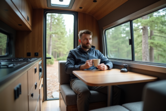 Homme barbu dans un van aventure sirotant un café