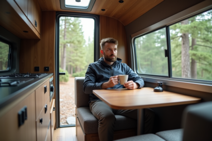 Homme barbu dans un van aventure sirotant un café