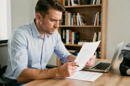 Homme examinant un contrat d'assurance scooter papier avec un stylo, repérant une possible fraude à l'assurance