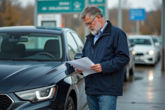 Homme d'âge moyen vérifiant des papiers à côté de sa voiture