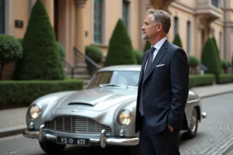 Homme d'âge moyen en costume élégant à côté d'une voiture vintage