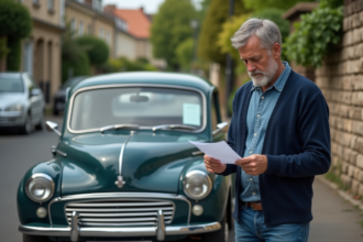 Homme d'âge moyen examine des papiers près d'une voiture ancienne
