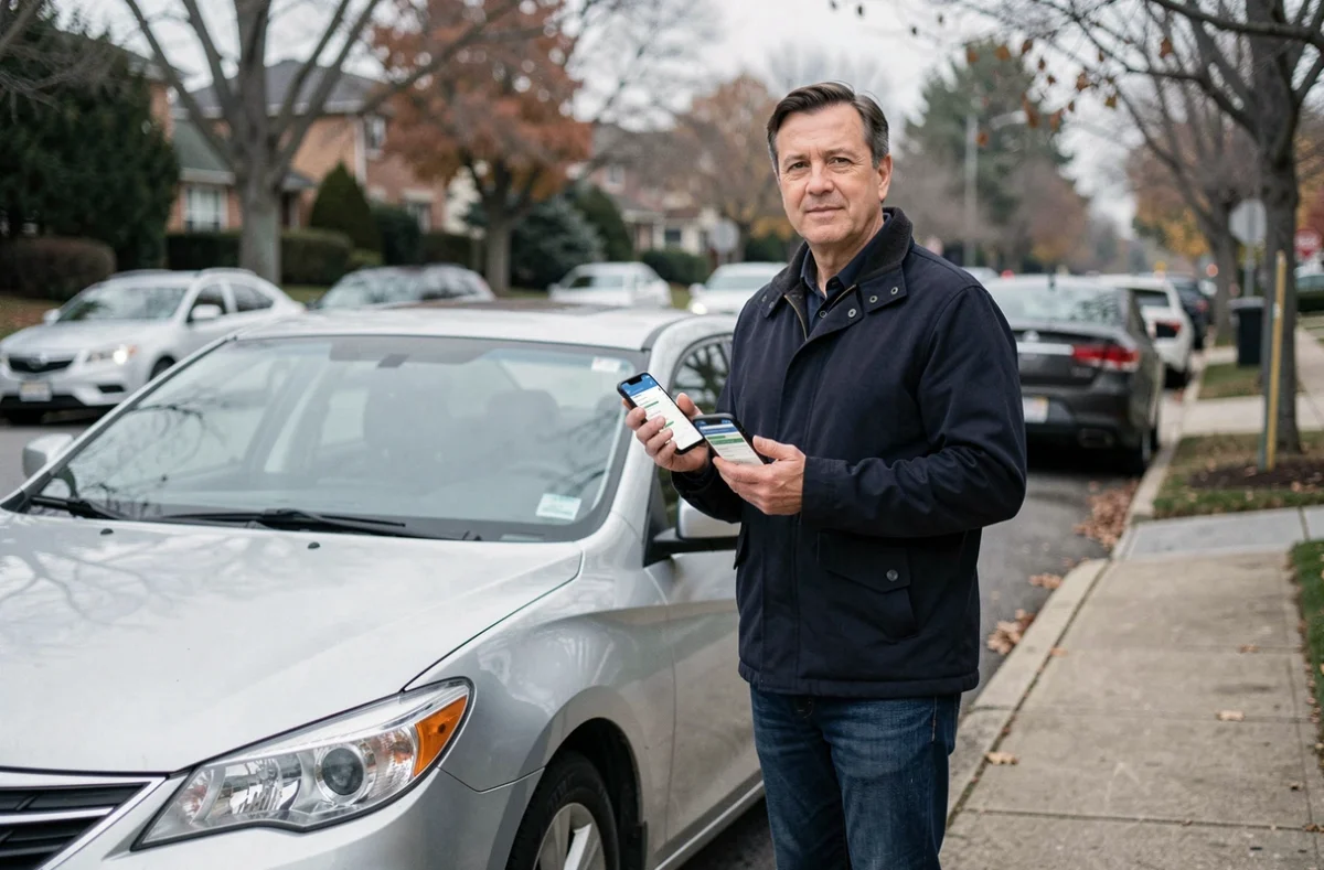Homme debout à côté de sa voiture consultant une application de comparaison d'assurance auto sur son smartphone