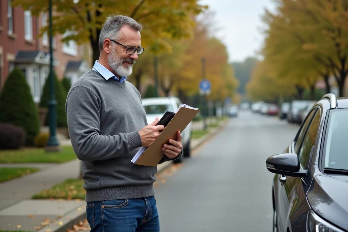 Homme regardant une brochure près de sa voiture
